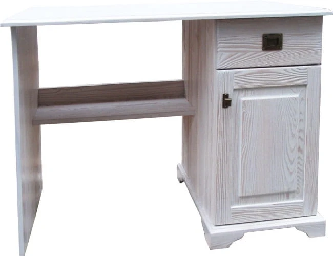 biurko drewniane BDM-2, patyna biała retro, drewno modrzew, wieniec dolny profilowany, uchwyty modern