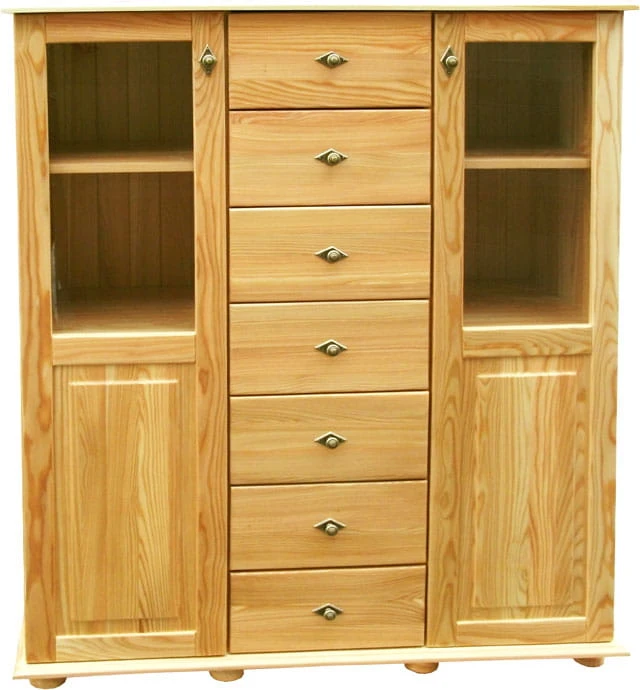 komoda drewniana KDM13, drewno lite modrzew bezbarwny lakierowany, stopka, front drzwi - prosty