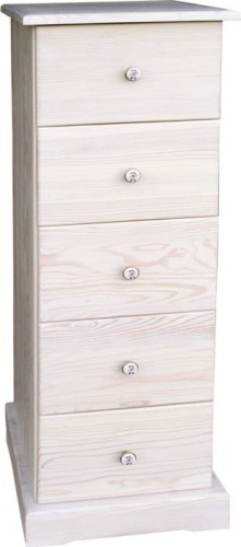 komoda drewniana KDM-5, drewno lite modrzewiowe,wykończenie patyna biała, wieniec dolny prosty, uchwyty pod zamówienie porcelana
