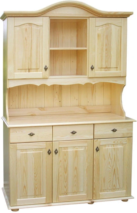 kredens drewniany KRM2, drewno lite sosna  lakierowana, front luk pelne nadstawka, front komoda prosty, wieniec gorny ozdobny, wieniec dolny stopka