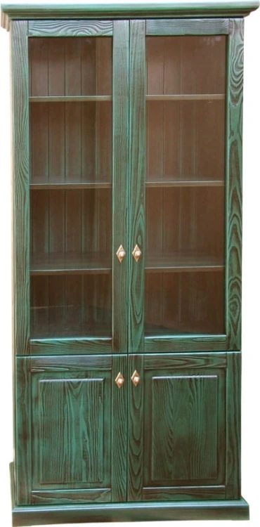 Witryna drewniana WDM-2d, wykończenie kolor RAL 6000+patyna brąz retro, wieniec górny - prosty, wieniec dolny-prosty, front drzwi - prosty