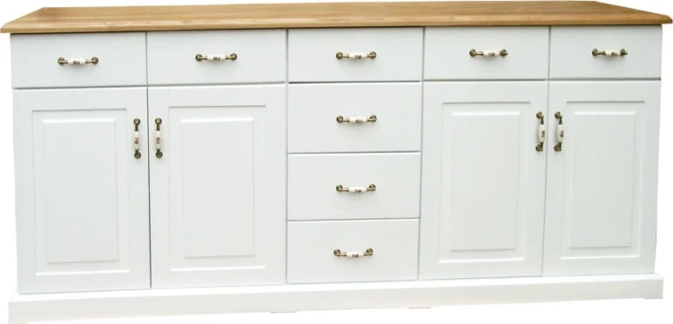 komoda drewniana KDM-15a, drewno modrzew, wykończenie kolor biały kryty, blat dąb lity naturalny, front prosty, cokół prosty dołem, uchwyty stare złoto z porcelaną dwupunktowe