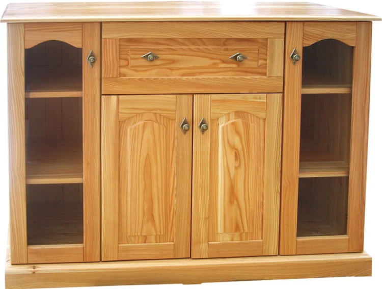 komoda drewniana KDM12, drewno lite modrzew lakierowany bezbarwny, wieniec prosty, front luk