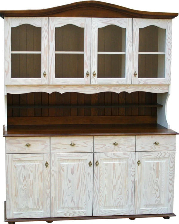 kredens drewniany KRM3,drewno lite modrzew, wykonczenie patyna biala retro i patyna braz, front luk, wieniec gorny ozdobny, wieniec dolny stopka