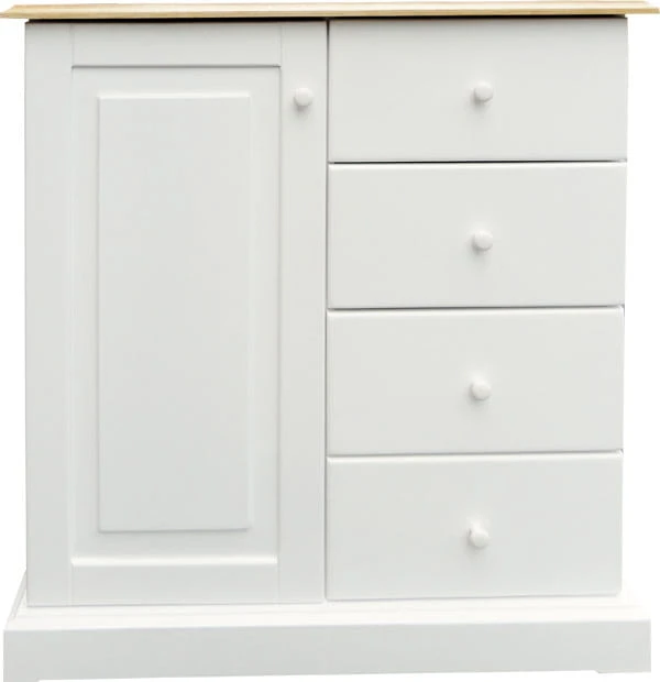 Komoda drewniana KDM-7, kolor: biały kryty, blat dąb naturalny lakierowany, wieniec dolny- cokół prosty, uchwyt - Siro gałka porcelana fi 25mm