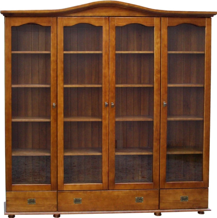 witryna drewniana WDM-4, kolor orzech boloński, wieniec górny ozdobny, wieniec dolny stopka, uchwyty Modern,