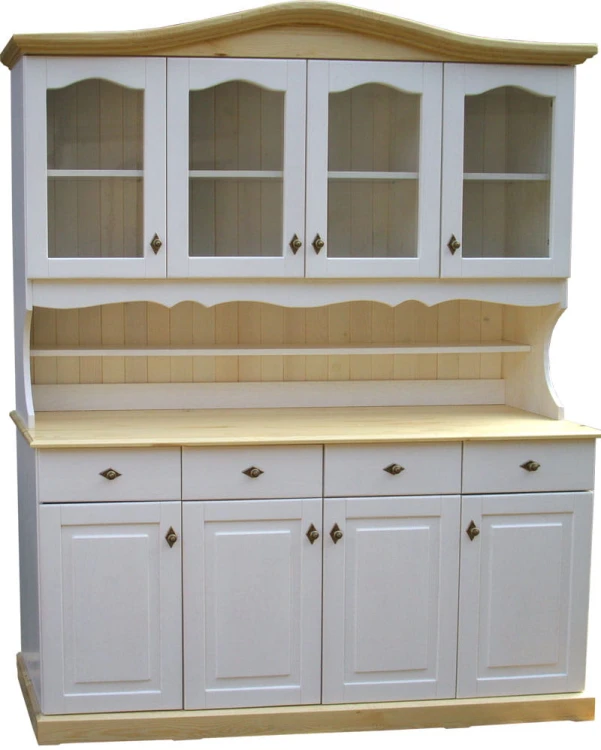 kredens drewniany KRM3,wykonczenie bialy oraz drewno lite sosna lakierowana, front luk, wieniec gorny ozdobny, wieniec dolny prosty