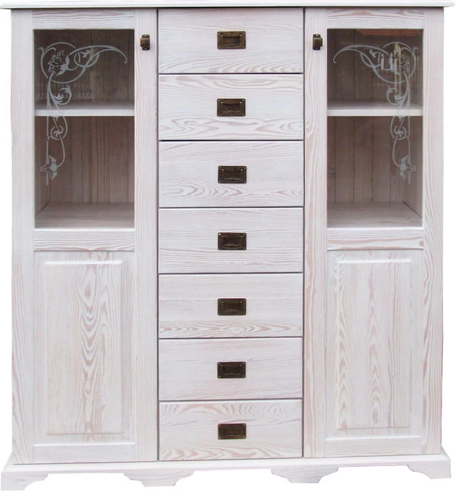 komoda drewniana KDM13, drewno modrzew, patyna biała retro, wieniec profilowany, uchwyty kolekcja modern, szyby piaskowane, front drzwi - prosty