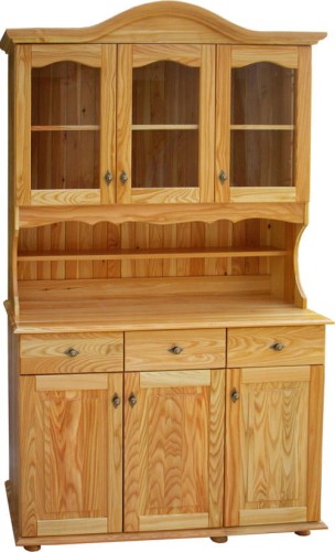 kredens drewniany KRM2, drewno modrzew lakierowany, front luk nadstawka, front komoda prosty, wieniec gorny ozdobny, wieniec dolny stopka 