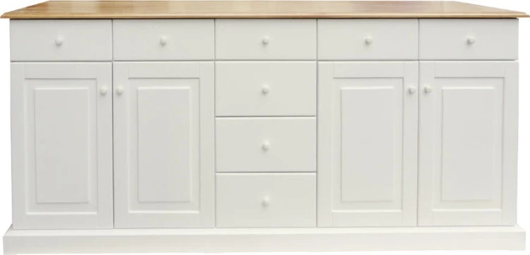 komoda drewniana KDM-15a, drewno modrzew, wykończenie kolor biały kryty, blat dąb lity naturalny, front prosty, cokół prosty dołem, uchwyty Siro porcelana biała fi 25mm