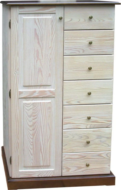 komoda drewniana KDM-8, drewno lite modrzew, wykończenie patyna biała retro, elementy patyna brąz, wieniec prosty
