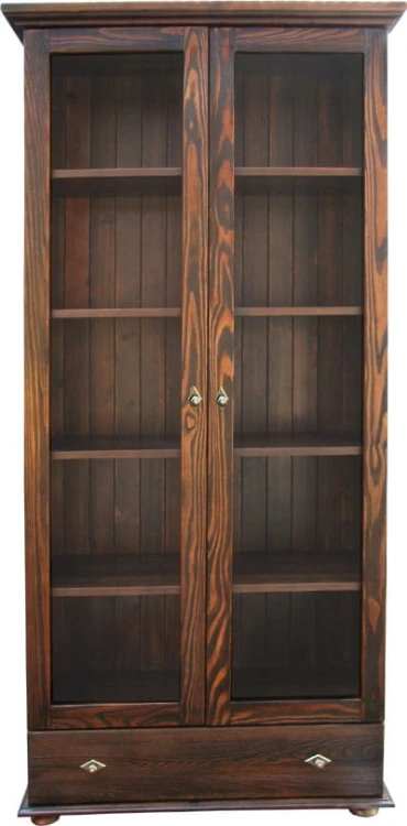 witryna drewniana WDM-2, drewno modrzew, wykończenie patyna brąz retro, wieniec górny prosty, wieniec dolny stopka, front witryny prosty